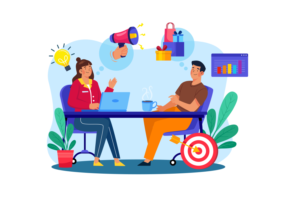 Business owner and marketer are discussing marketing atumations for small business